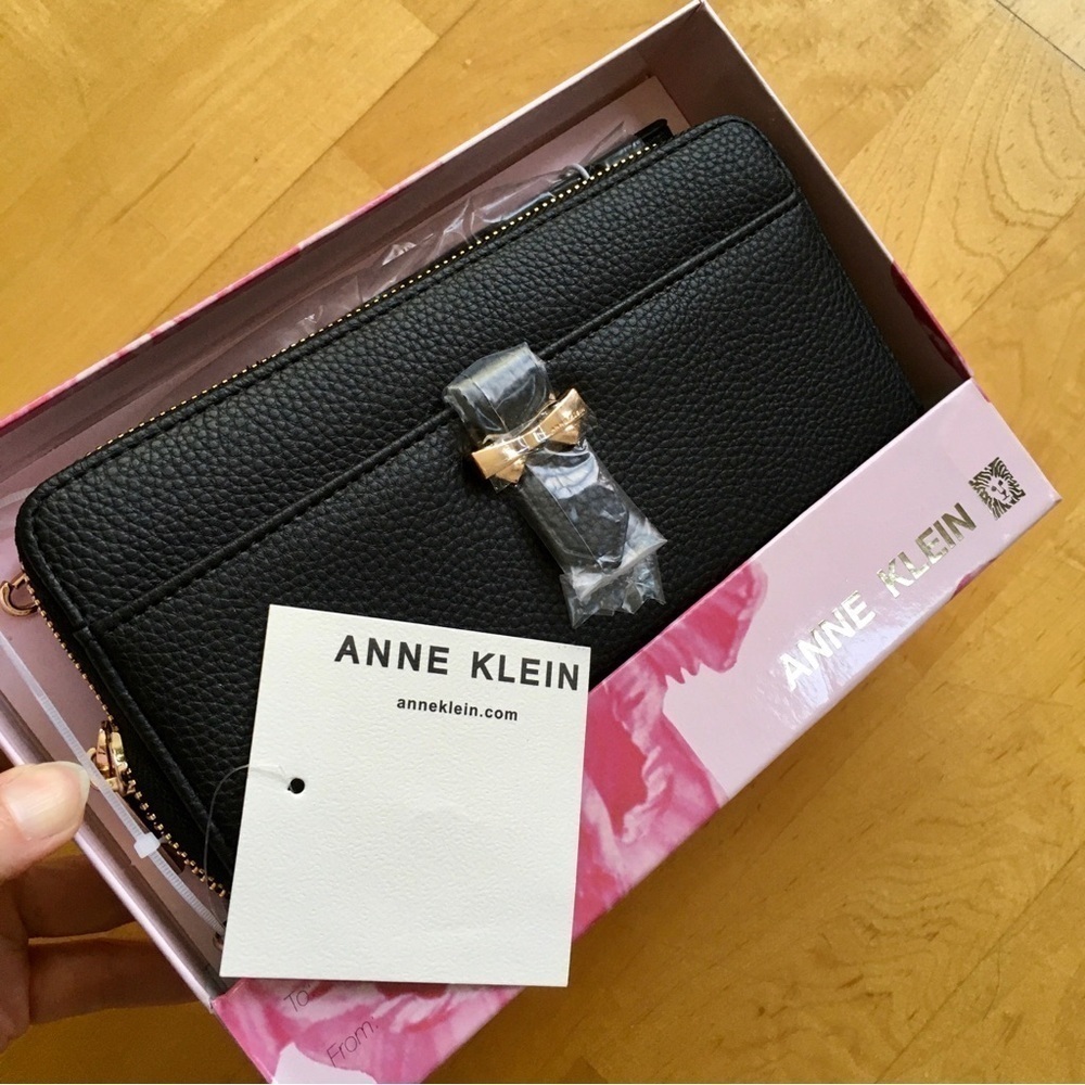 Anne Klein Zip Around Long Wallet with Wrist Strap, Black, Gold, NWT, Gift Box